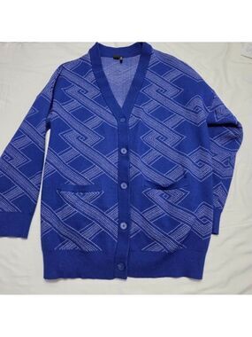 Icône Simons Vision Geometric Knit Cardigan Blue White Button Front Size Large